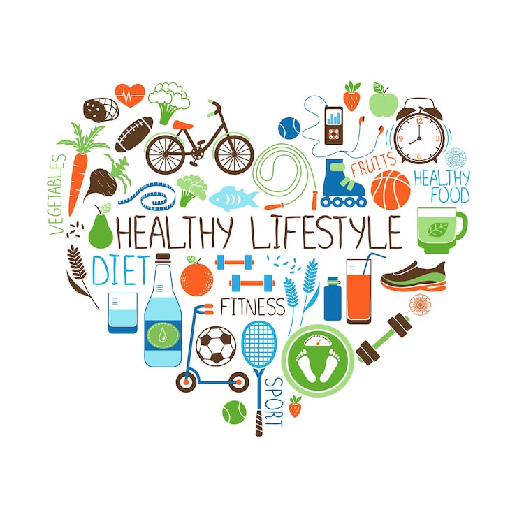 Healthy lifestyle concept with fresh fruits, vegetables, water, and fitness items on a clean background