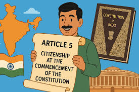 Article 5 of Indian Constitution citizenship explanation with Indian flag and constitution book